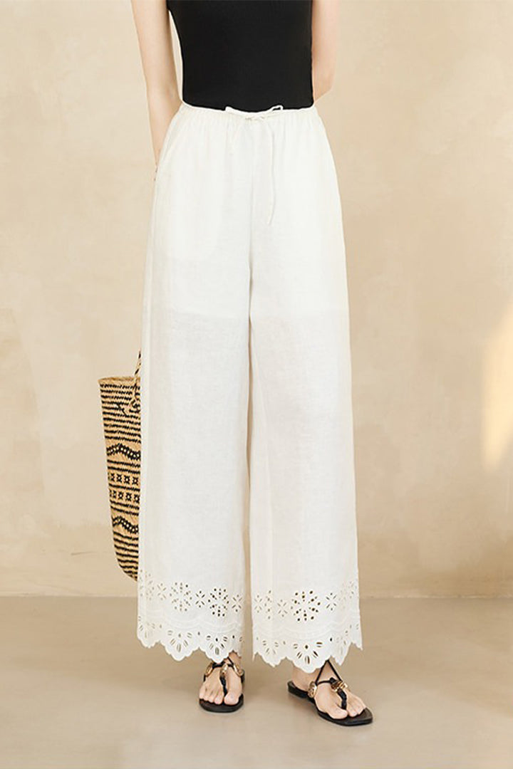 100% Linen Cropped Embroidered Drawstring Pants  Fibflx