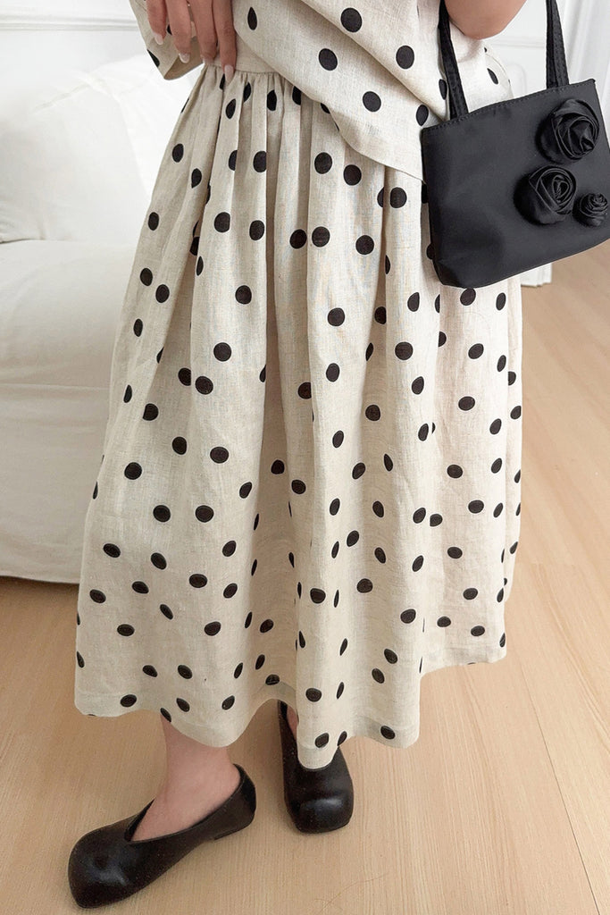 100 Linen Embroidered Polka Dot A-Line Midi Skirt Heather White N Black Polka Dot / L Fibflx