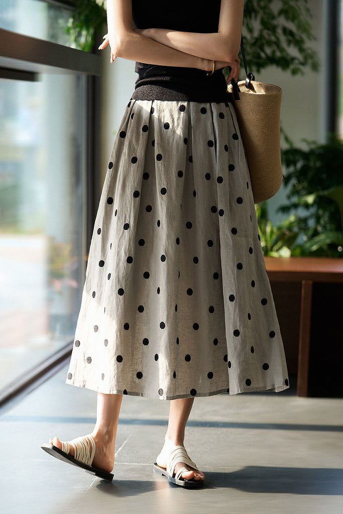 100 Linen Embroidered Polka Dot A-Line Midi Skirt - Fibflx