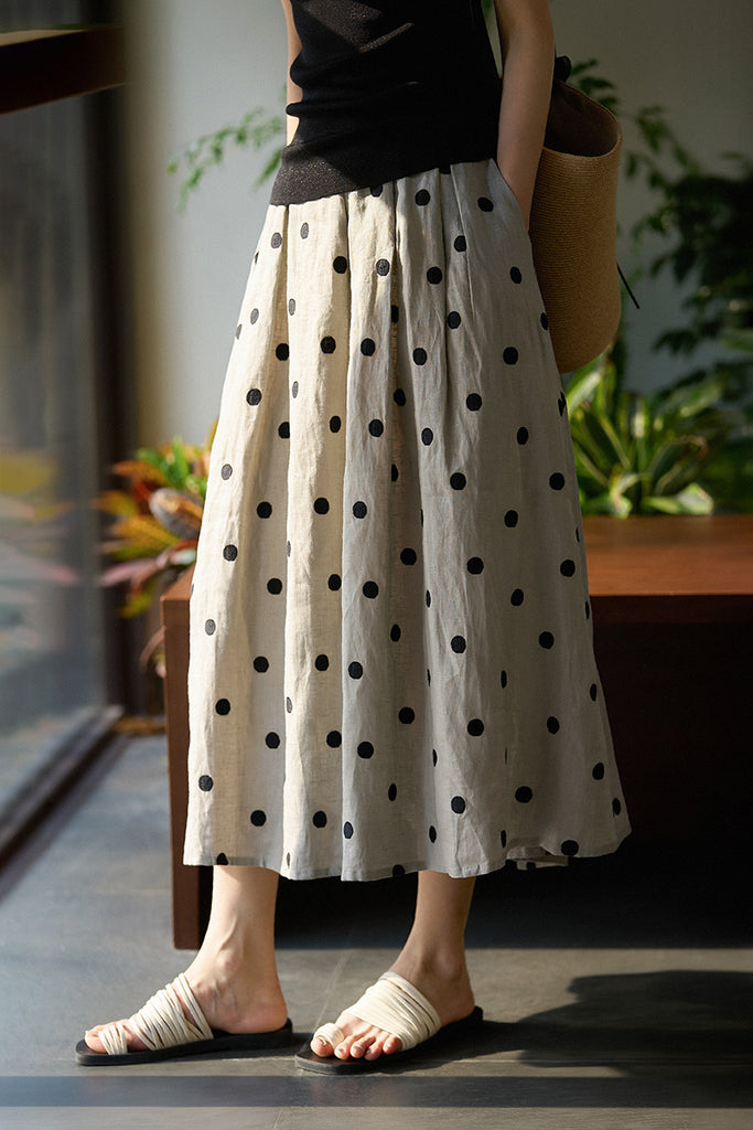 100 Linen Embroidered Polka Dot A-Line Midi Skirt  Fibflx