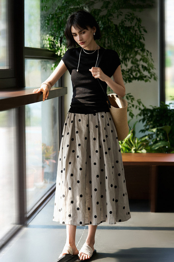 100 Linen Embroidered Polka Dot A-Line Midi Skirt  Fibflx