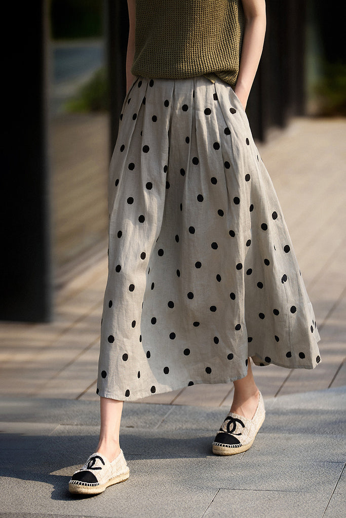 100 Linen Embroidered Polka Dot A-Line Midi Skirt  Fibflx