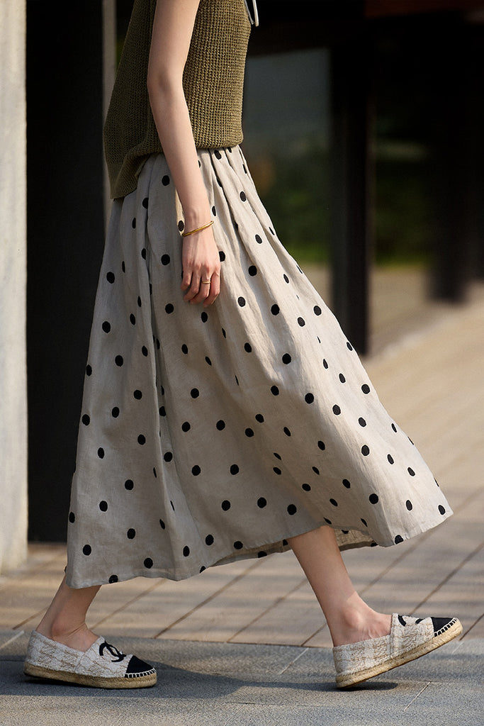 100 Linen Embroidered Polka Dot A-Line Midi Skirt  Fibflx