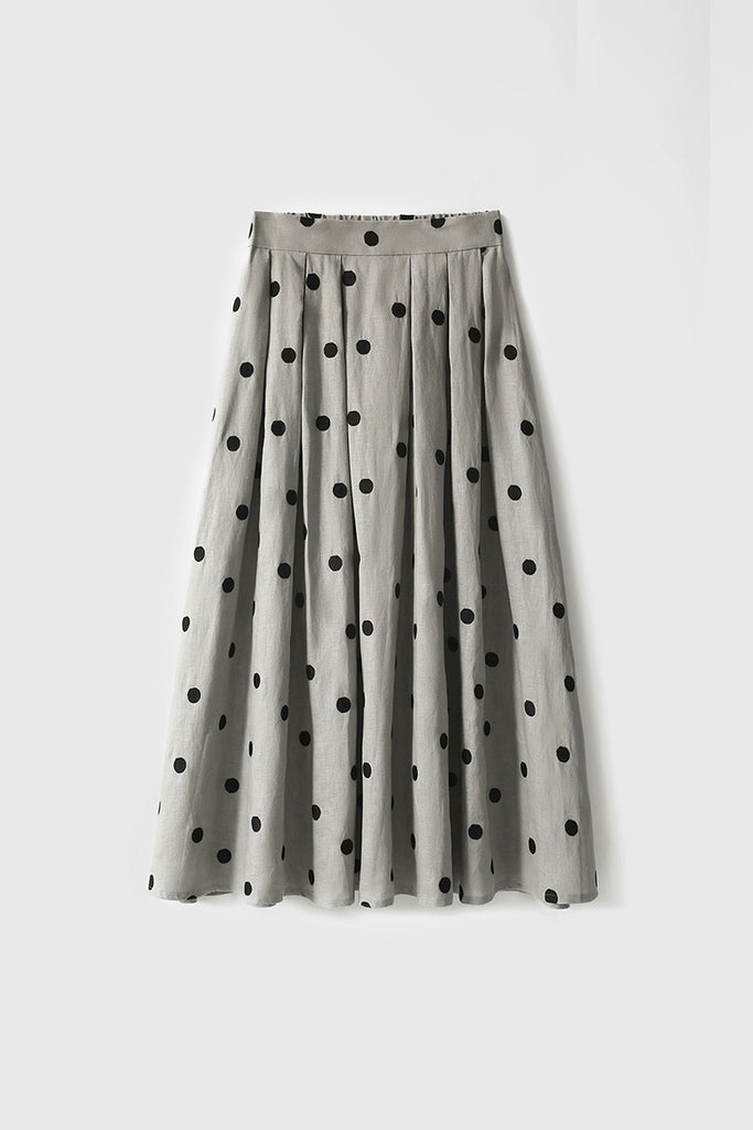 100 Linen Embroidered Polka Dot A-Line Midi Skirt  Fibflx