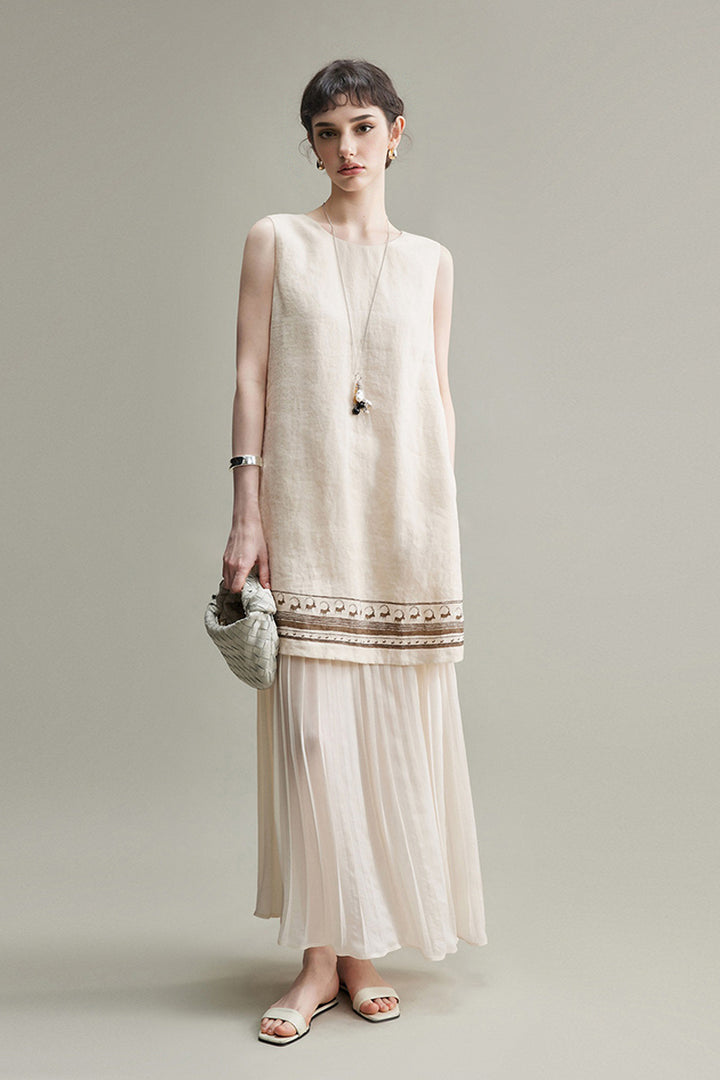 100% Linen Faux Two-Piece Layered Boho Dress Oatmeal Beige / M