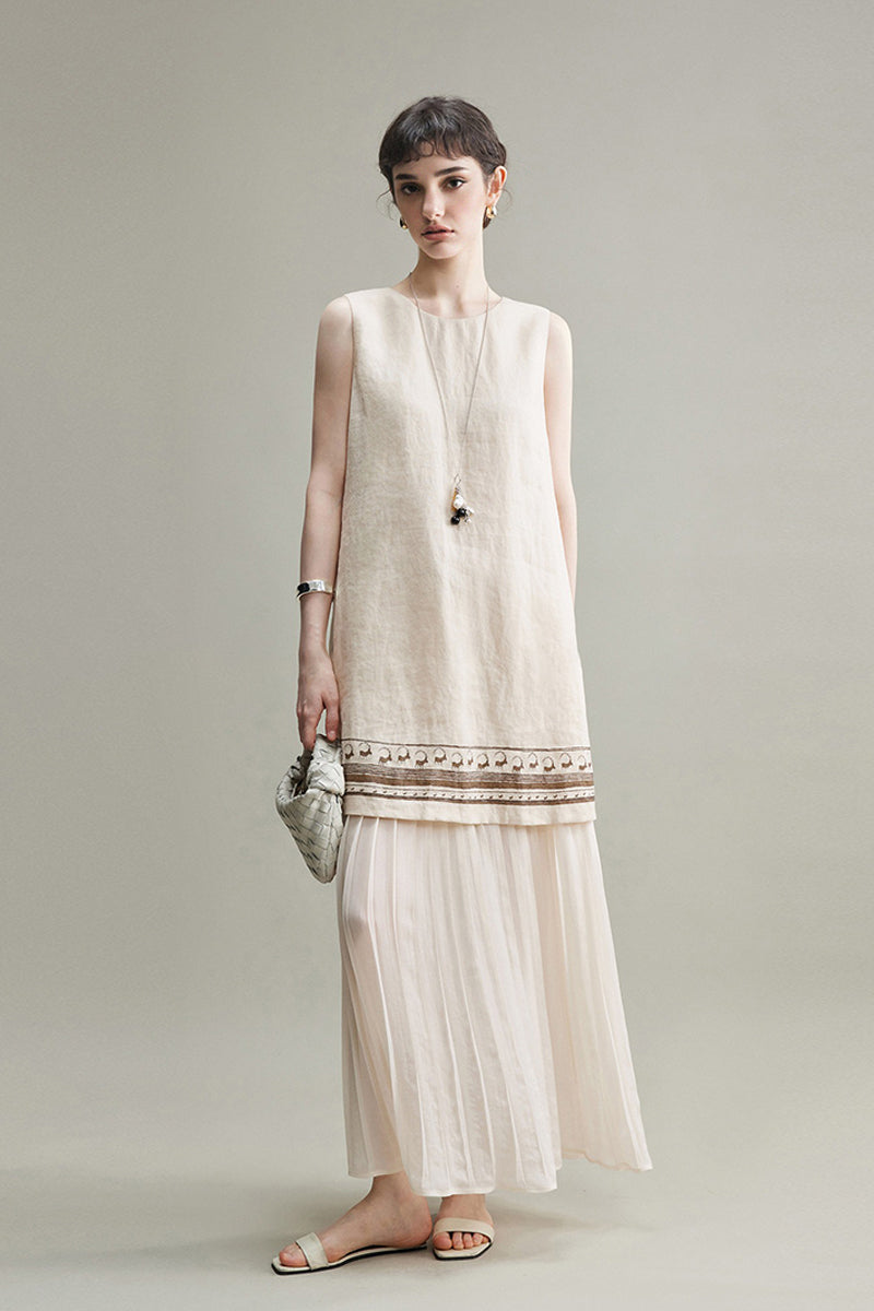 Sleeveless Linen Dress With Pleated Skirt | Beach Ease