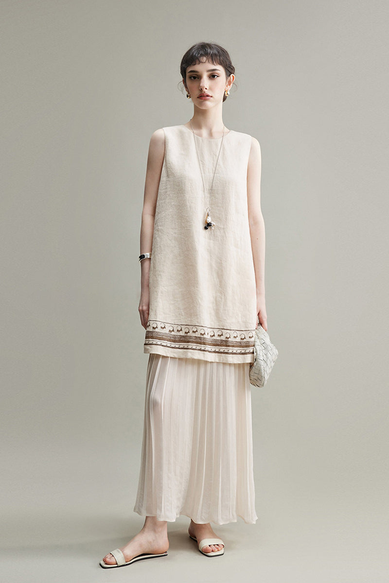 100% Linen Faux Two-Piece Layered Boho Dress Oatmeal Beige / M