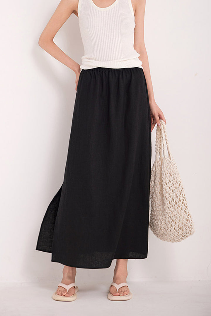 100% Linen High-Waisted Pull-On Midi Skirt in Black  Fibflx