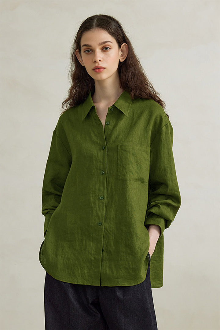 100% Linen Long Sleeve Button-Down Shirt  Fibflx