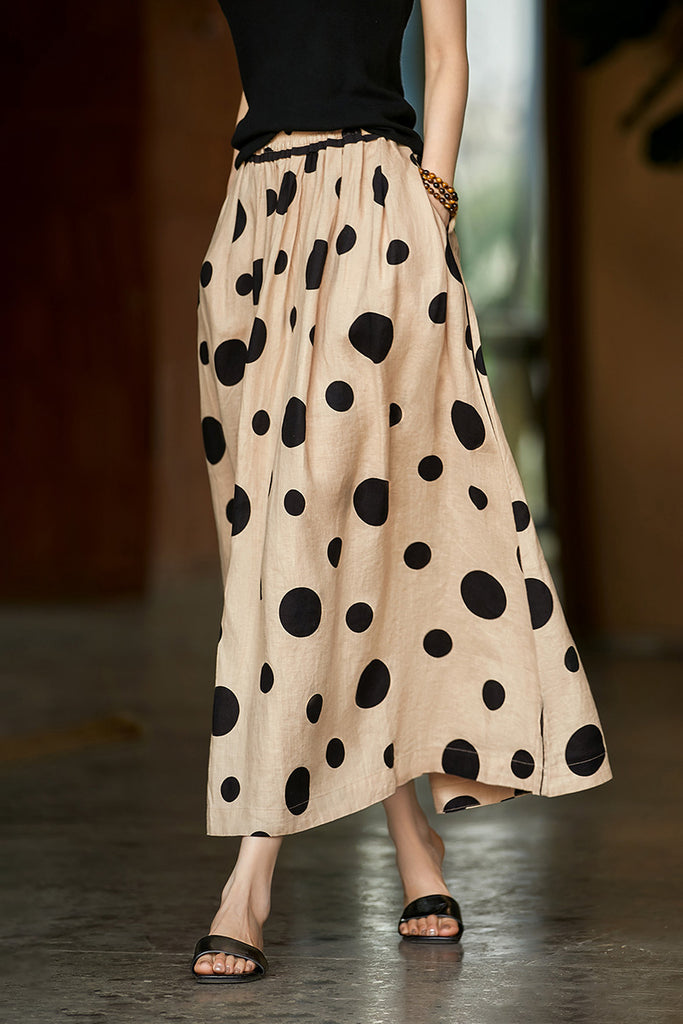 100 Linen Polka-Dot A-Line Midi Skirt - Fibflx