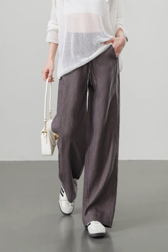 100 Linen Pull-On Wide-Leg Pants XL / Dark Brown / 100% Linen Fibflx