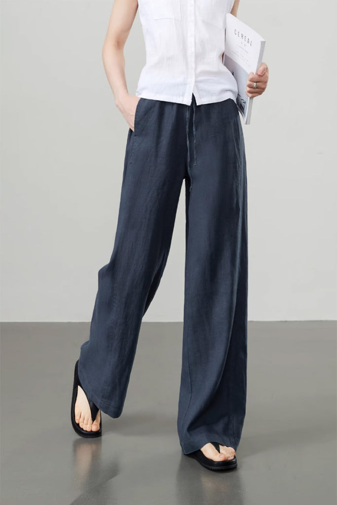 100 Linen Pull-On Wide-Leg Pants XL / Mid Night Blue / 100% Linen Fibflx