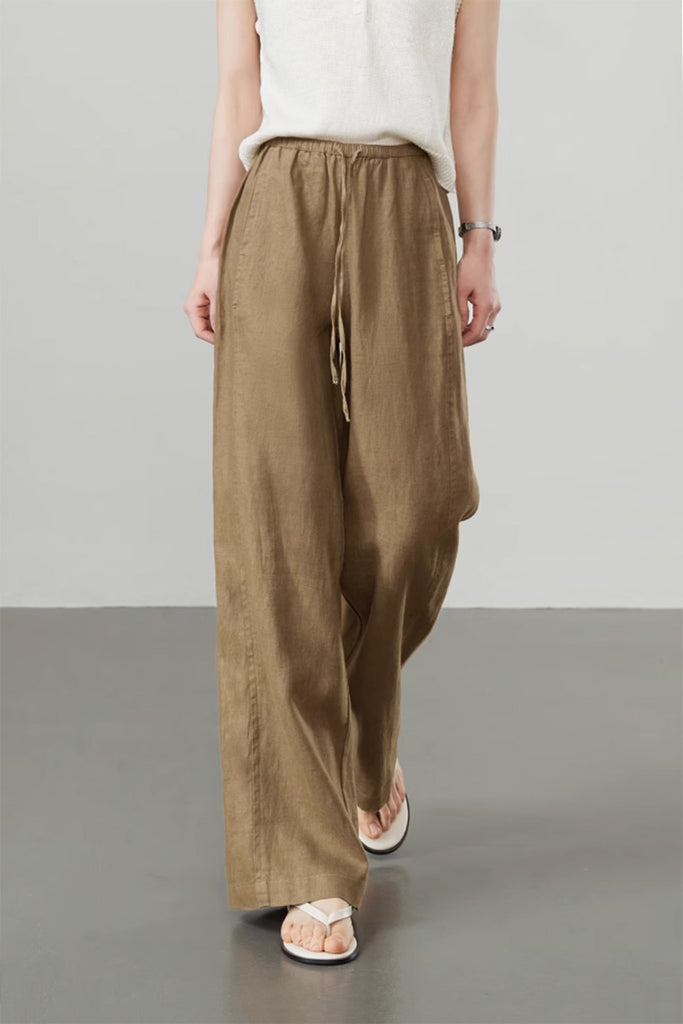 100 Linen Pull-On Wide-Leg Pants XL / Spirited Khaki / 100% Linen Fibflx