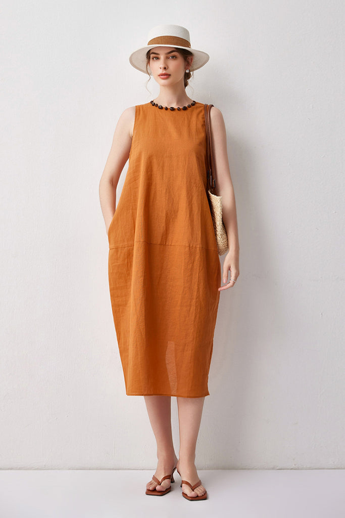 100 Linen Sleeveless Midi Dress With Back Slit - Fibflx