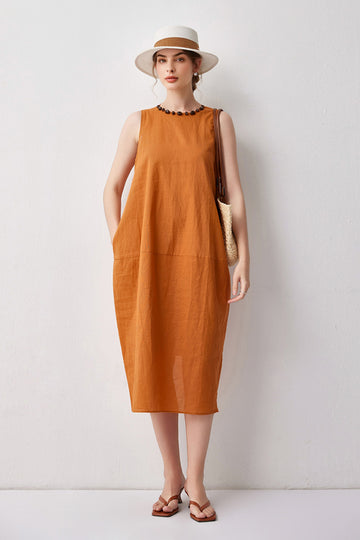 100 Linen Sleeveless Midi Dress With Back Slit - Fibflx