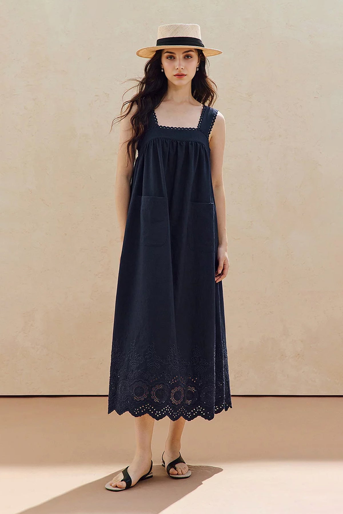 100% Cotton Square Neck Maxi Dress | Embroidered Blue Style
