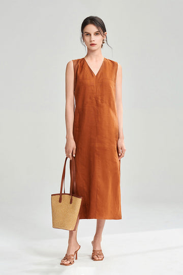 100 Linen Sleeveless V-Neck Midi Shift Dress in Orange - Fibflx