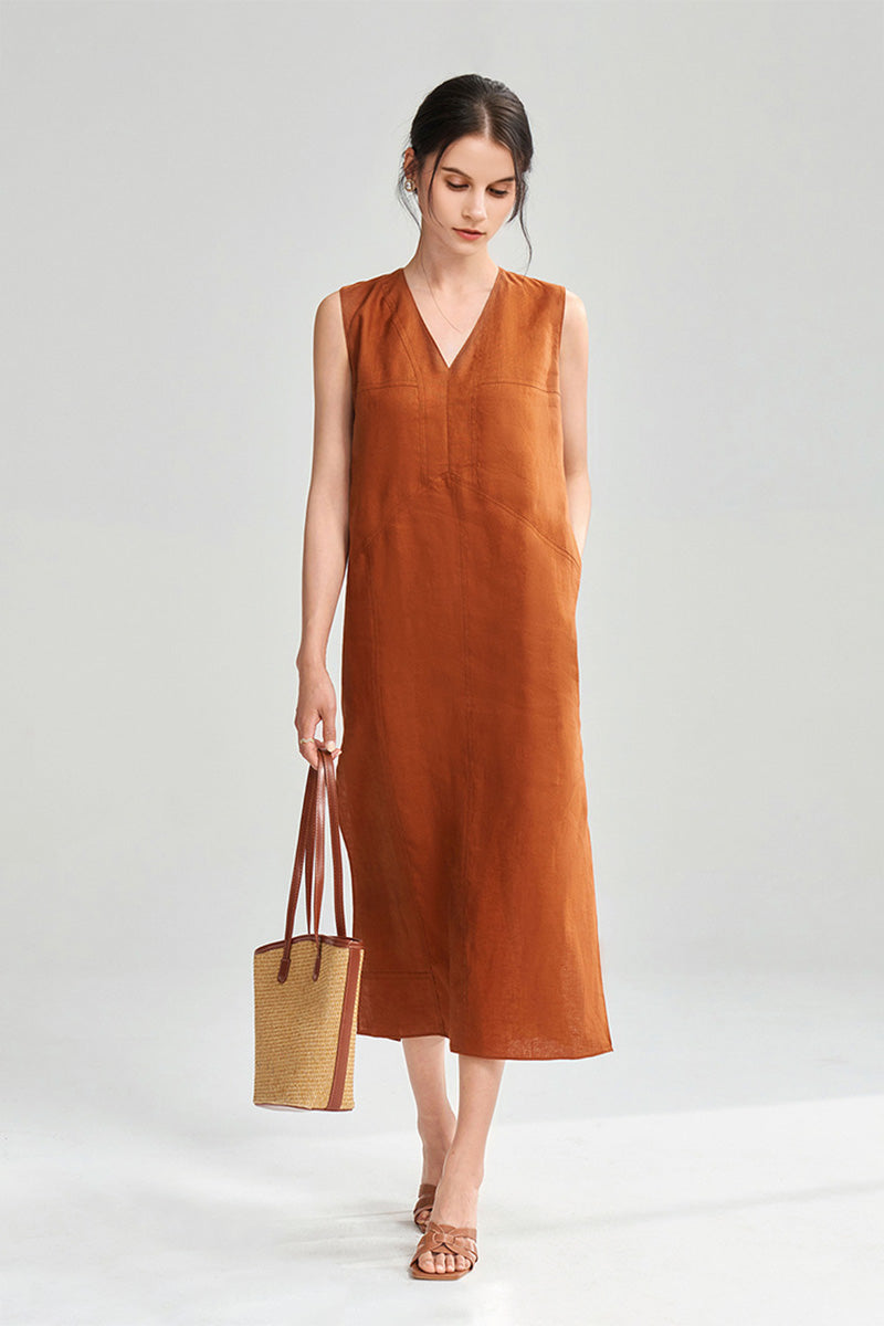sleeveless linen shift dress 100 V-Neck Midi in Orange XS / Acorn Orange / 100% Linen Beddis brunch outfits for every Keyhole with button closure Size:8 UK / 9 US