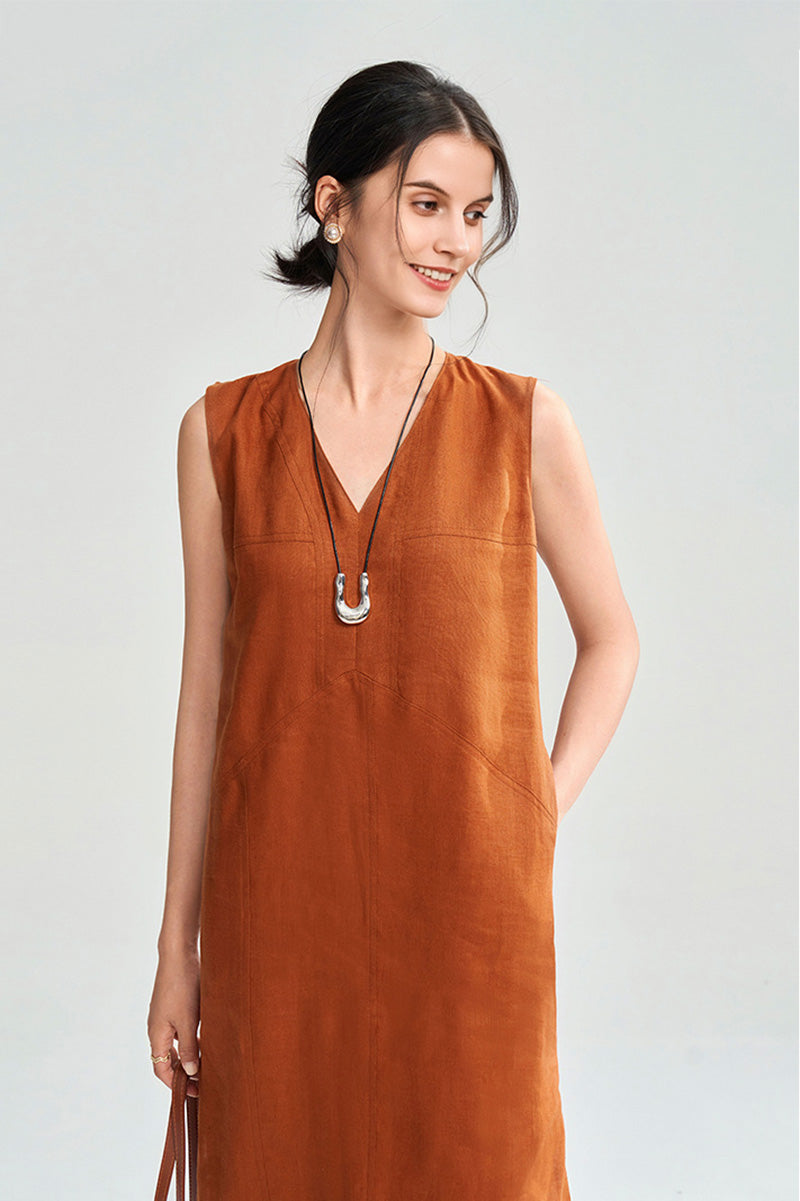 100 Linen Sleeveless V-Neck Midi Shift Dress in Orange XS / Acorn Orange / 100% Linen