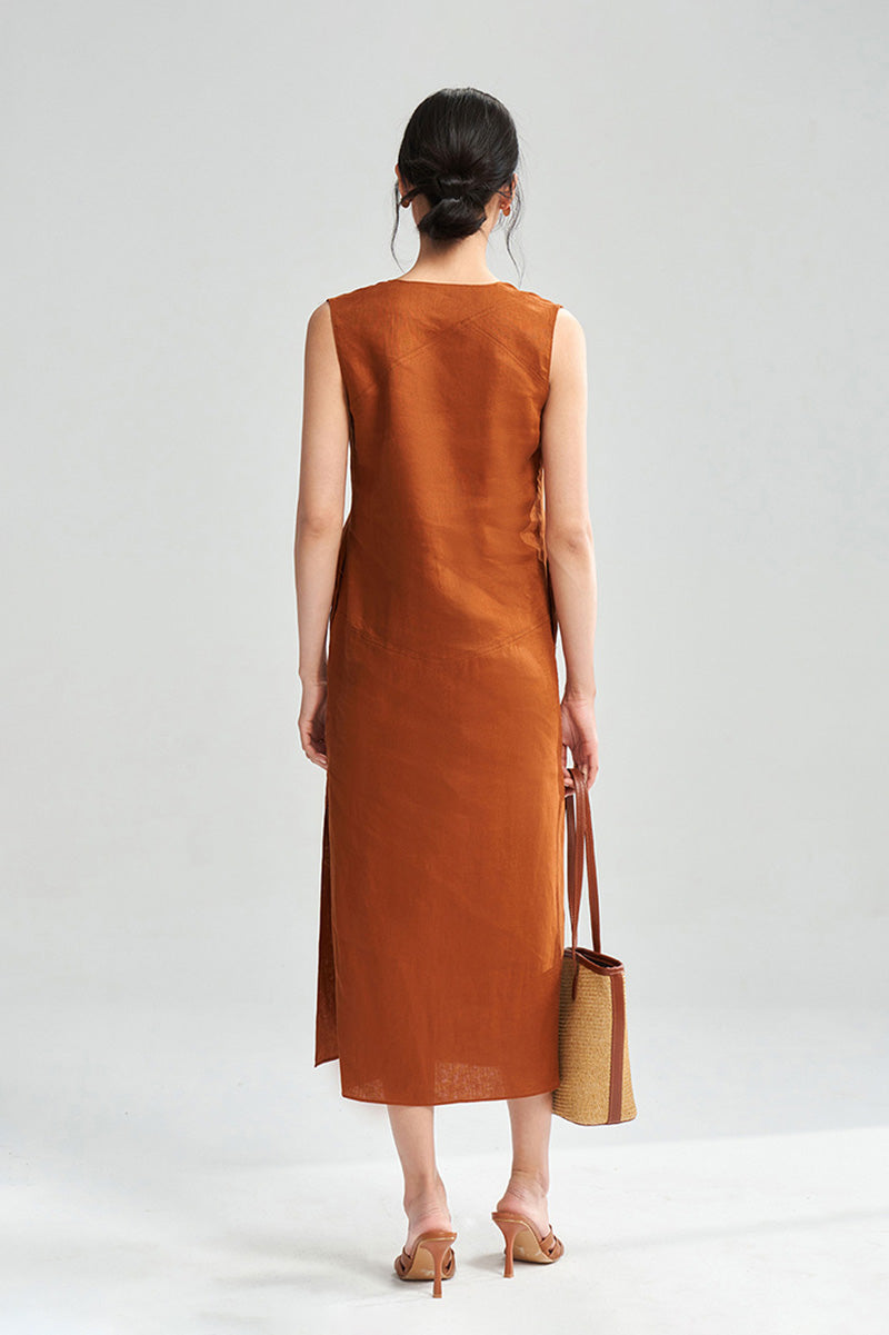 100 Linen Sleeveless V-Neck Midi Shift Dress in Orange XS / Acorn Orange / 100% Linen