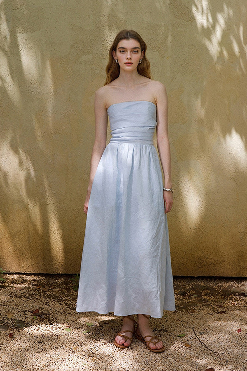 a line strapless maxi dress 100% Linen Ruched A-Line Off White / S Size CN/US:L / 8 setitem-17903-17904 Forest Green Dress - layered for graceful sweep