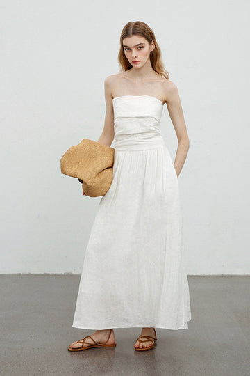White Linen Blend V Neck A Line Maxi Dress | Summer Vacation Dress