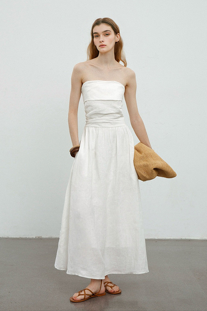 100% Linen Strapless Ruched A-Line Maxi Dress Off White / S
