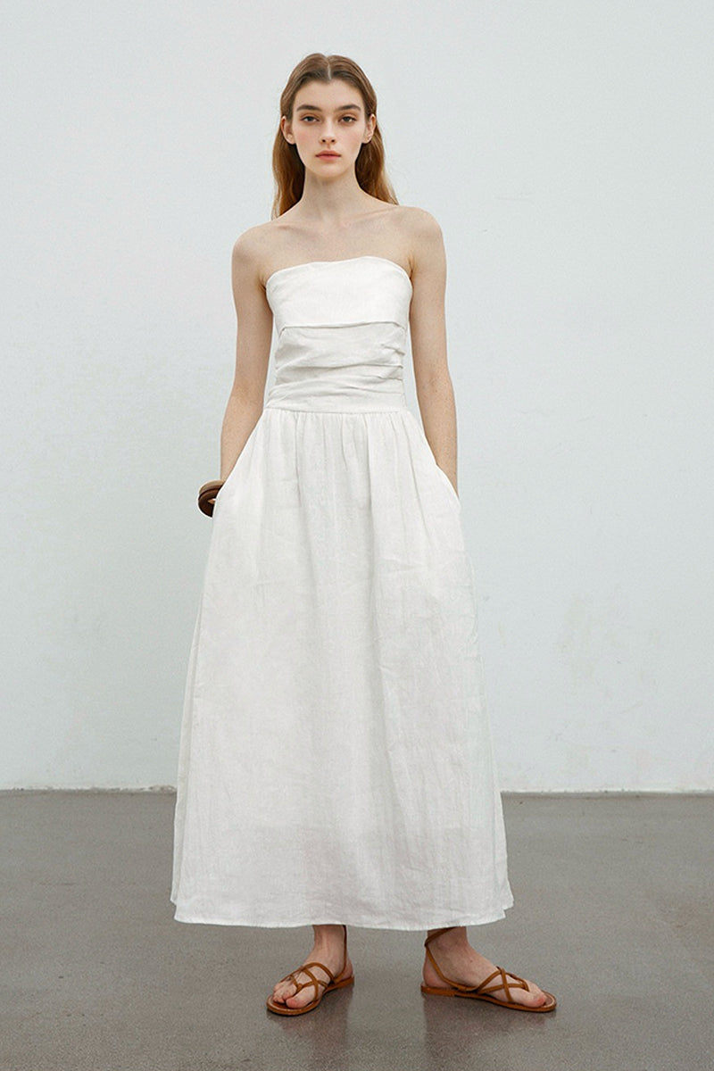100% Linen Strapless Ruched A-Line Maxi Dress Off White / S