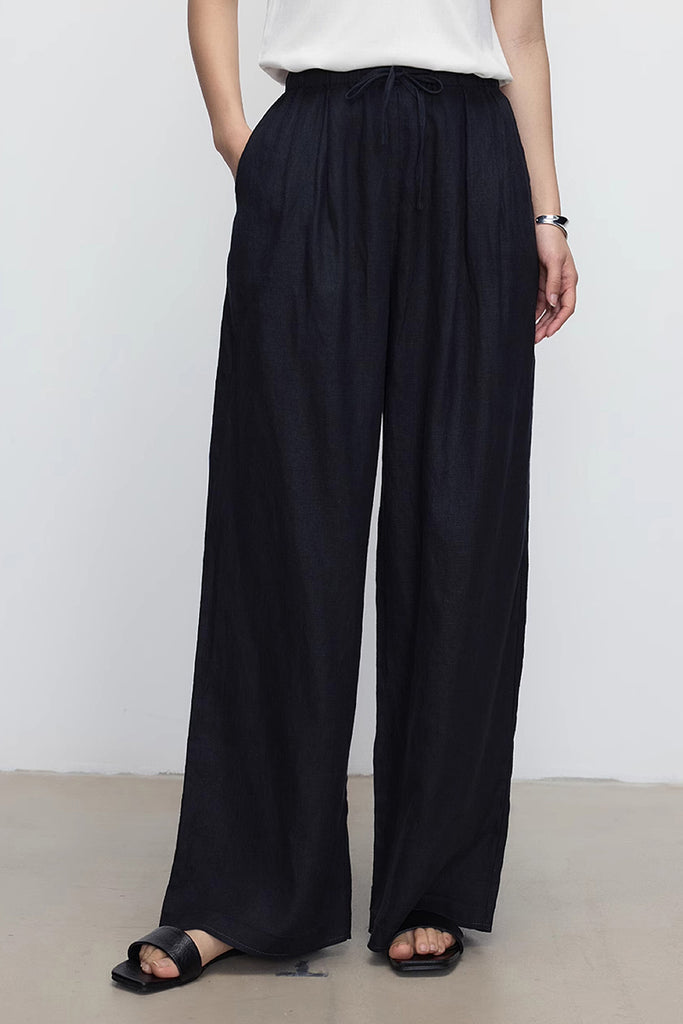 100 European Linen Wide-Leg Drawstring Pants L / Black / 100% Linen Fibflx