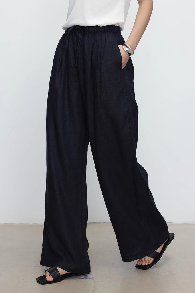 100 European Linen Wide-Leg Drawstring Pants  Fibflx