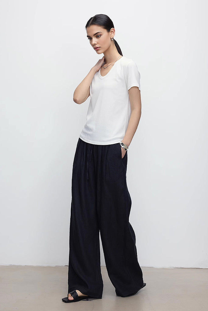 100 European Linen Wide-Leg Drawstring Pants  Fibflx