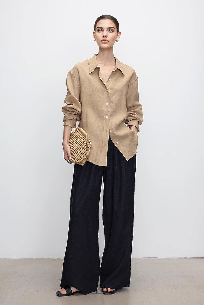 100 European Linen Wide-Leg Drawstring Pants  Fibflx