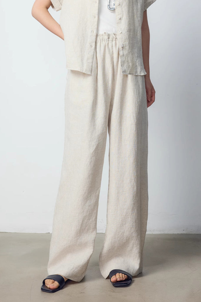 100 European Linen Wide-Leg Drawstring Pants L / Chalk White / 100% Linen Fibflx