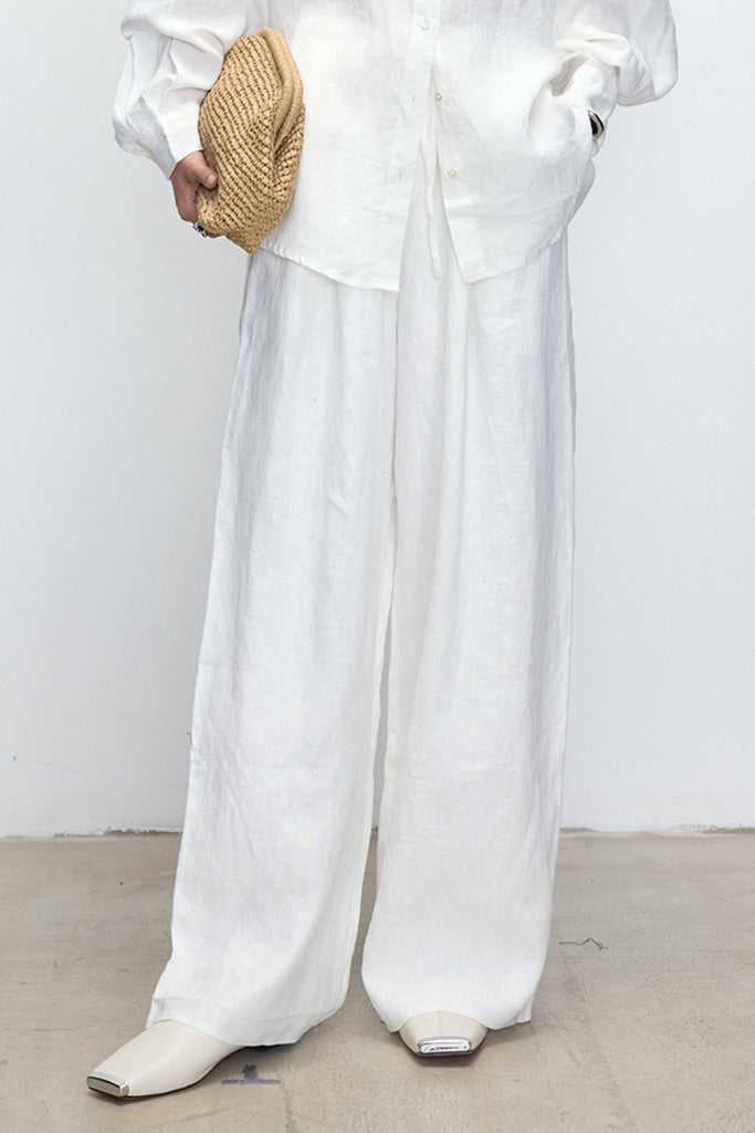 Fibflx Women's 100 Linen Tie-Waist Wide-Leg Pants