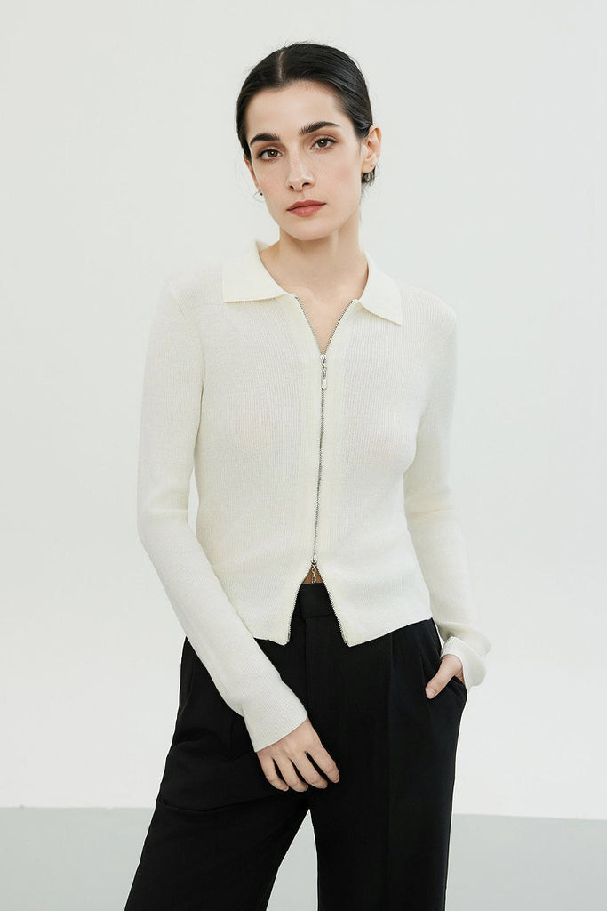 100 Merino Wool Cozy Cloud Double-Zip Cardigan With Collar M / Ivory / 100% Merino Wool Fibflx