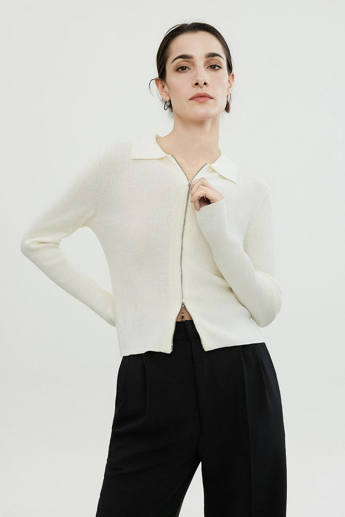 100 Merino Wool Cozy Cloud Double-Zip Cardigan With Collar  Fibflx