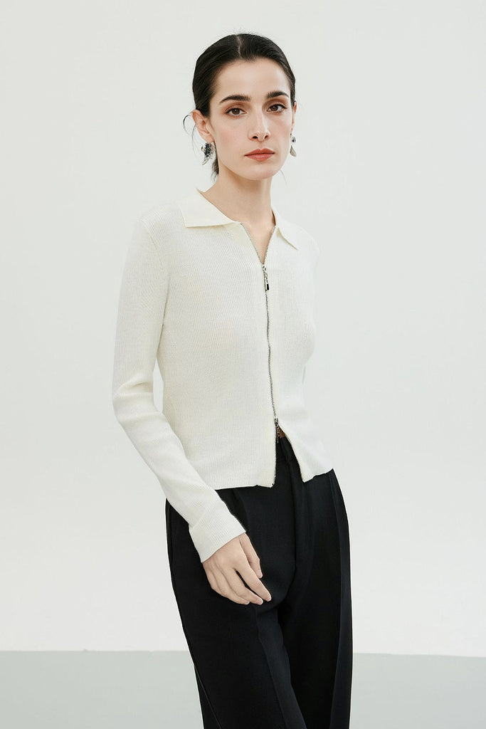 100 Merino Wool Cozy Cloud Double-Zip Cardigan With Collar  Fibflx