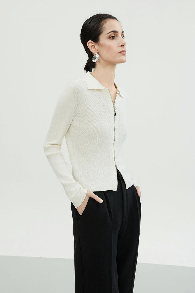 100 Merino Wool Cozy Cloud Double-Zip Cardigan With Collar  Fibflx