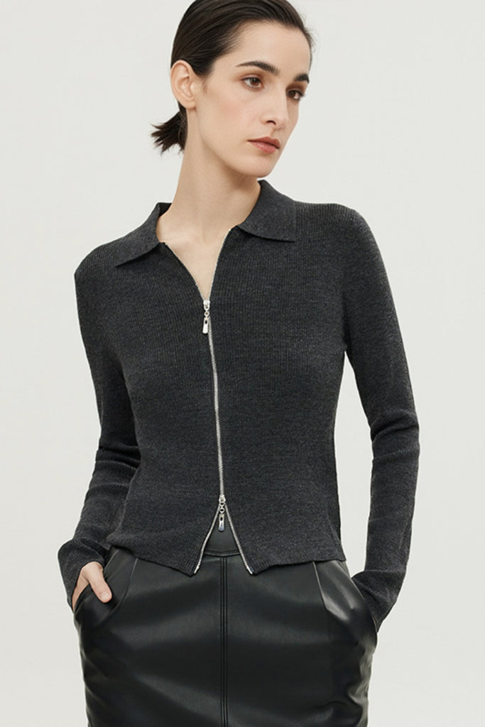 100 Merino Wool Cozy Cloud Double-Zip Cardigan With Collar  Fibflx