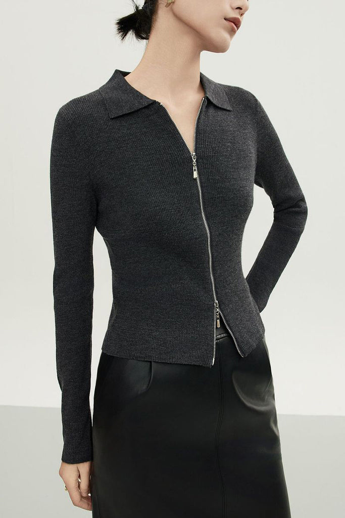 100 Merino Wool Cozy Cloud Double-Zip Cardigan With Collar  Fibflx