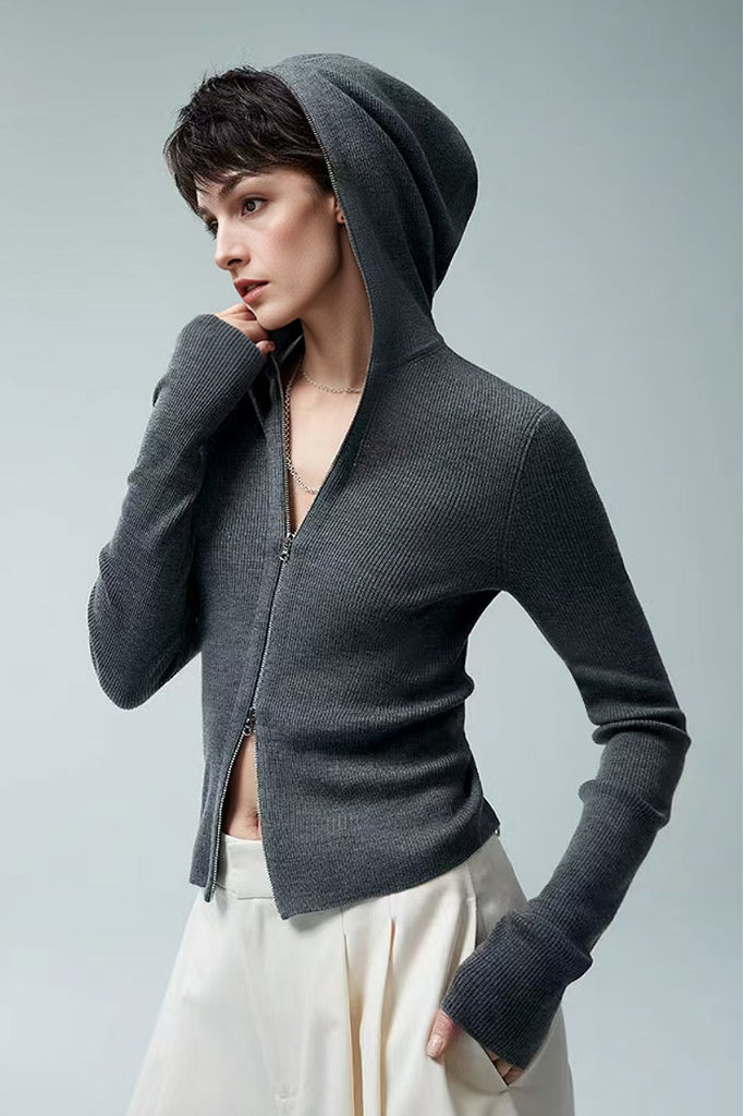 100 Merino Wool Cozy Cloud Double-Zip Hooded Cardigan  Fibflx