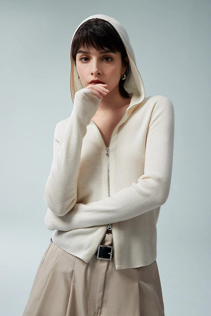 100 Merino Wool Cozy Cloud Double-Zip Hooded Cardigan - Fibflx