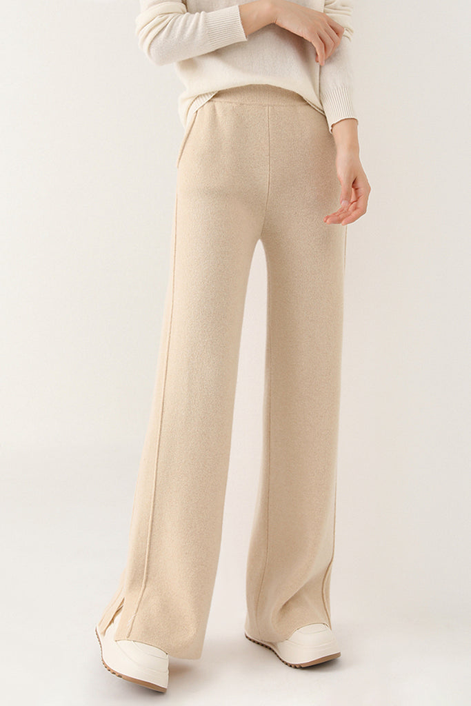 Fibflx Women's 100 Merino Wool Knit Wide Leg Lounge Pants with Side Slit