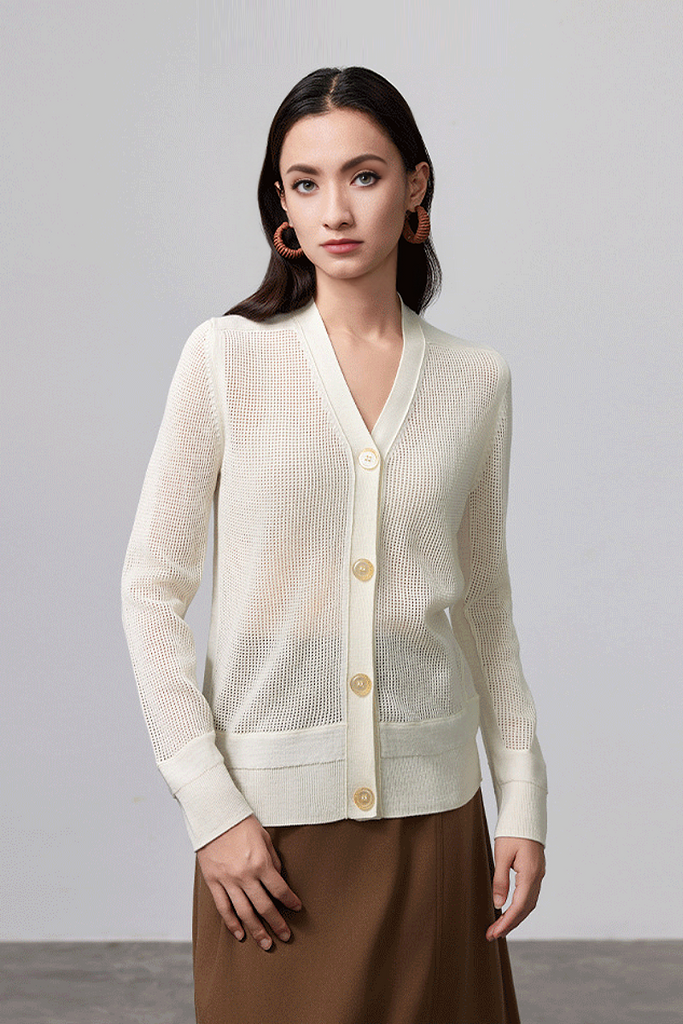 Fibflx Women's 100 Merino Wool Mesh Knit V Neck Cardigan