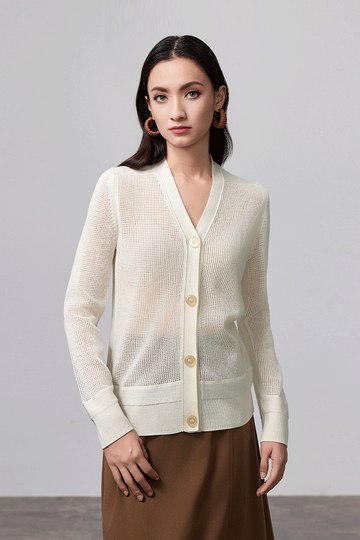 Fibflx Women's 100 Merino Wool Mesh Knit V Neck Cardigan