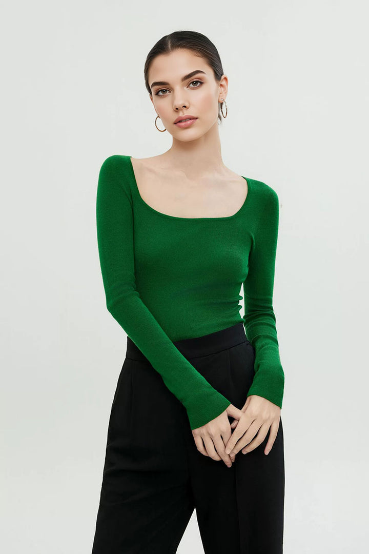 100 Merino Wool Slim-Fit Square-Neck Long-Sleeve Knit T Shirt M / Prairie Green / 100% Merino Wool Fibflx