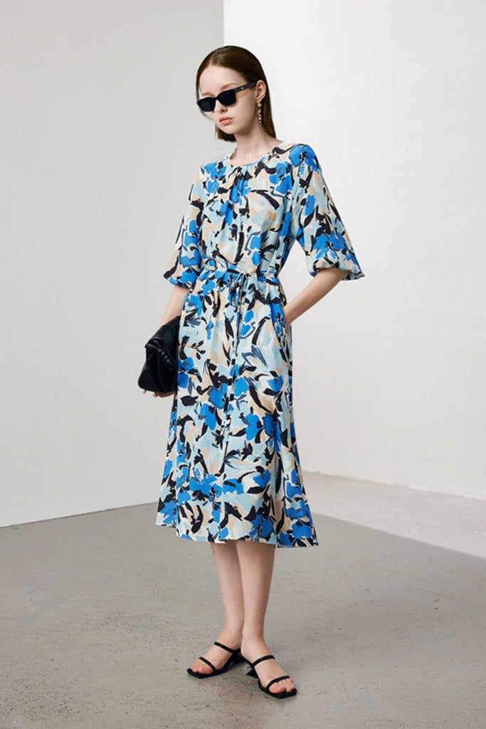 100 Mulberry Silk Abstract Print Balloon-Sleeve Midi Dress  Fibflx