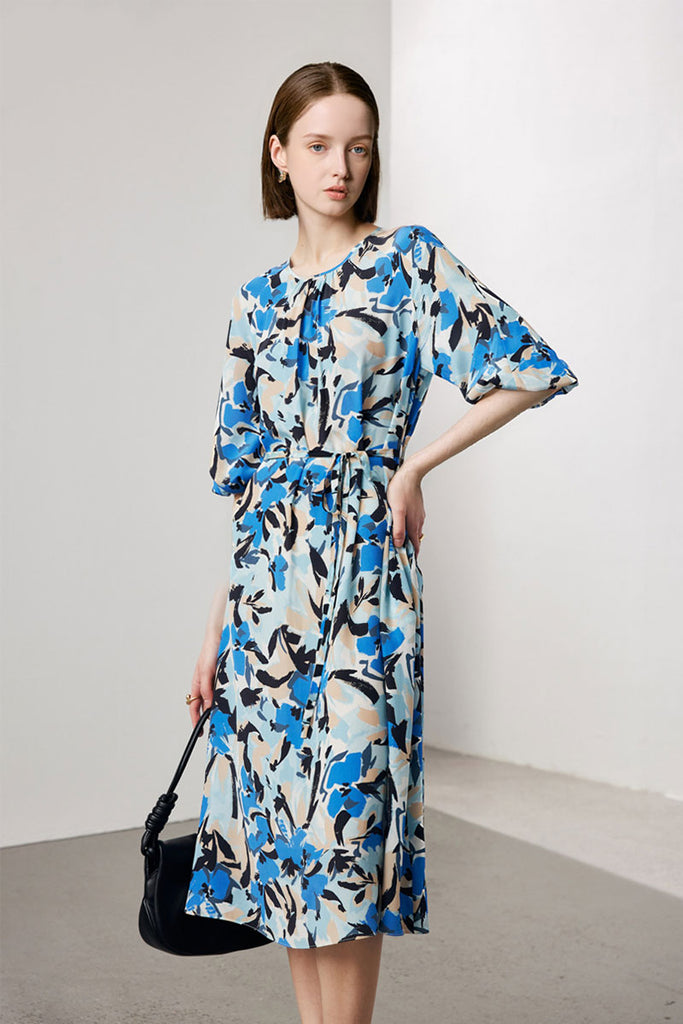 Fibflx Women's 100 Mulberry Silk Abstract Print Balloon-Sleeve Midi Dress