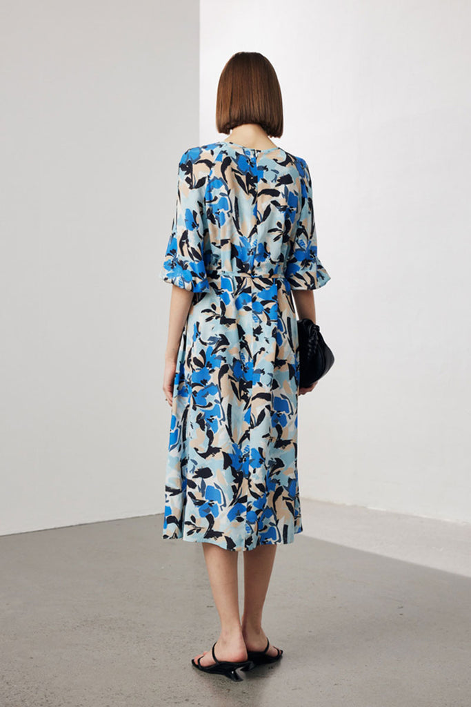 100 Mulberry Silk Abstract Print Balloon-Sleeve Midi Dress  Fibflx