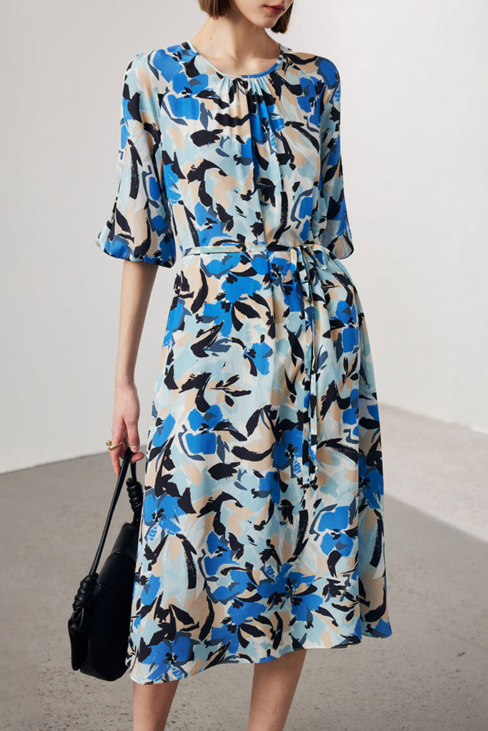 100 Mulberry Silk Abstract Print Balloon-Sleeve Midi Dress  Fibflx